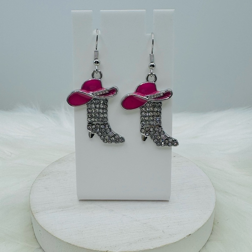 Howdy Rhinestone Boot Earrings- Pink Hat - Picture 4 of 4